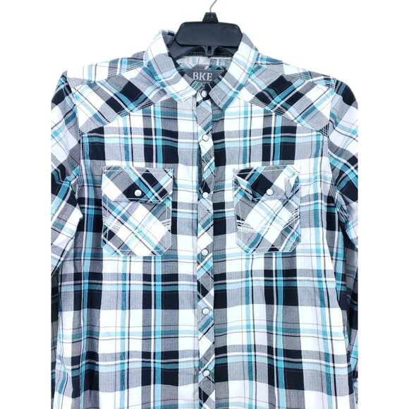 BKE Men's Size Medium Pearl Snap Shirt Blue Black Plaid - Picture 3 of 6